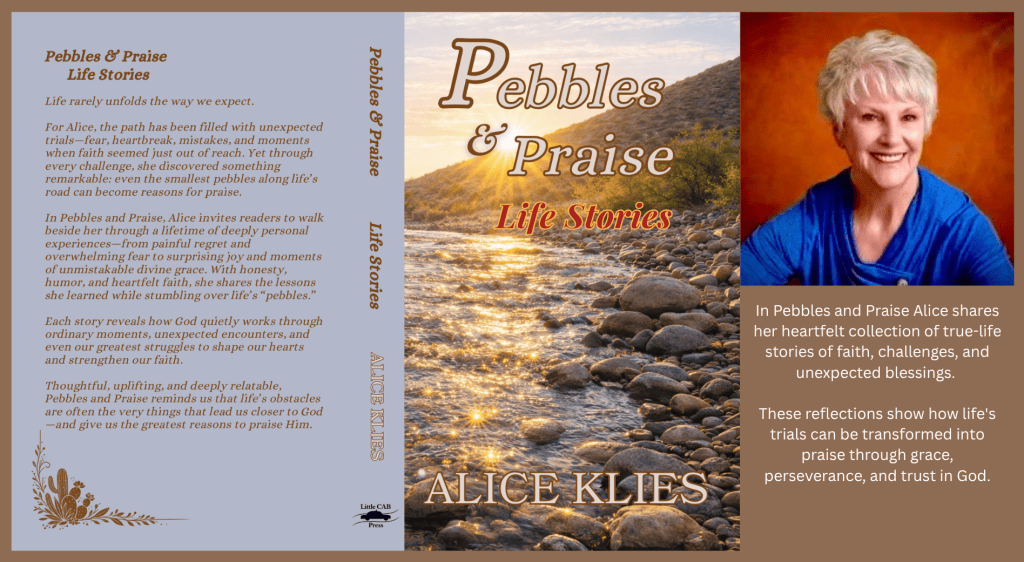 Cover of the book 'Pebbles & Praise: Life Stories' by Alice Klies, featuring a serene riverbed scene with stones and a sunset. The left side contains the book title and a brief description of the author's themes of faith, challenges, and blessings.